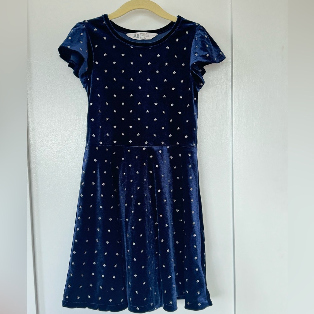H&M Girls Navy Blue Velvet Dress with Silver Star Embellishment